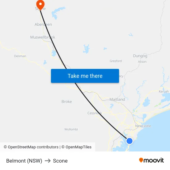Belmont (NSW) to Scone map