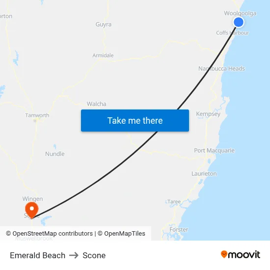 Emerald Beach to Scone map