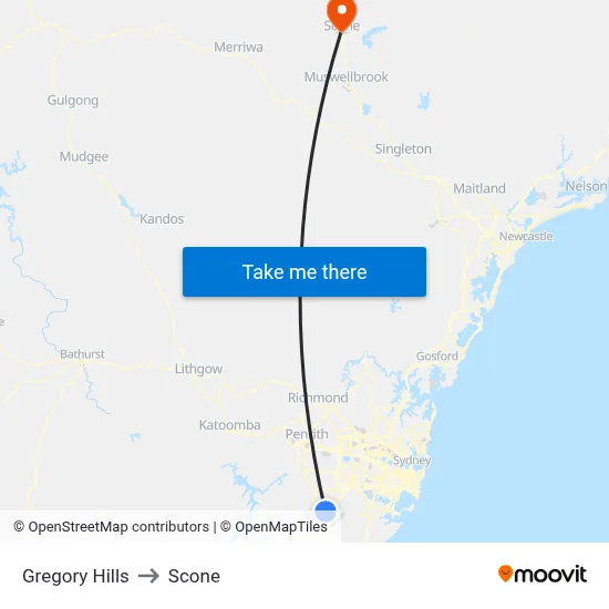 Gregory Hills to Scone map