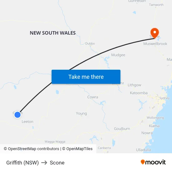 Griffith (NSW) to Scone map
