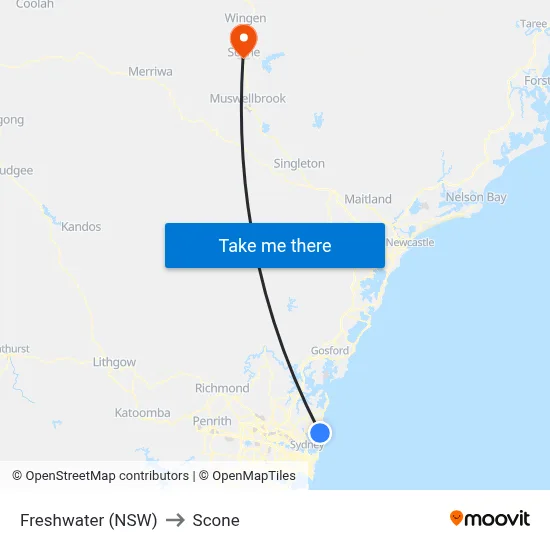 Freshwater (NSW) to Scone map