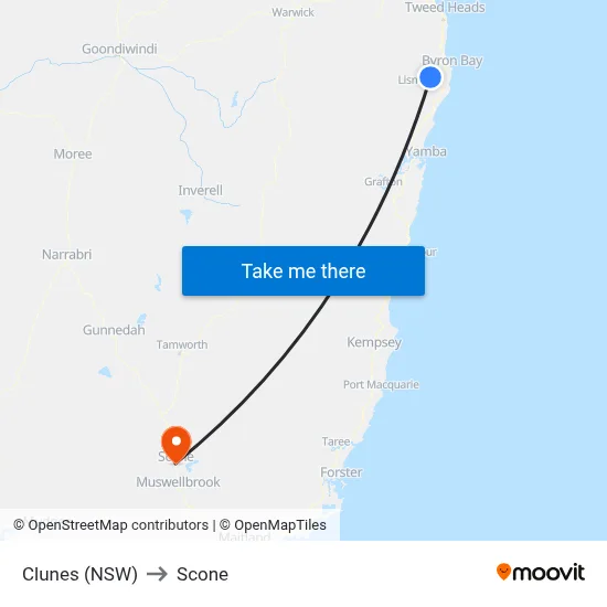 Clunes (NSW) to Scone map