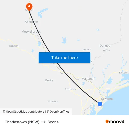Charlestown (NSW) to Scone map