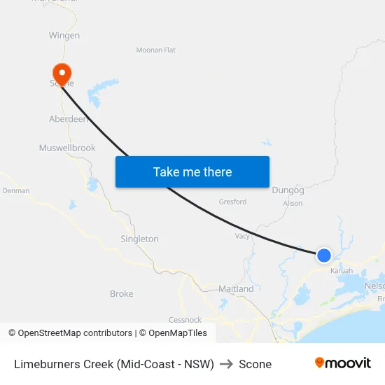 Limeburners Creek (Mid-Coast - NSW) to Scone map
