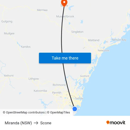 Miranda (NSW) to Scone map