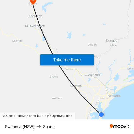 Swansea (NSW) to Scone map