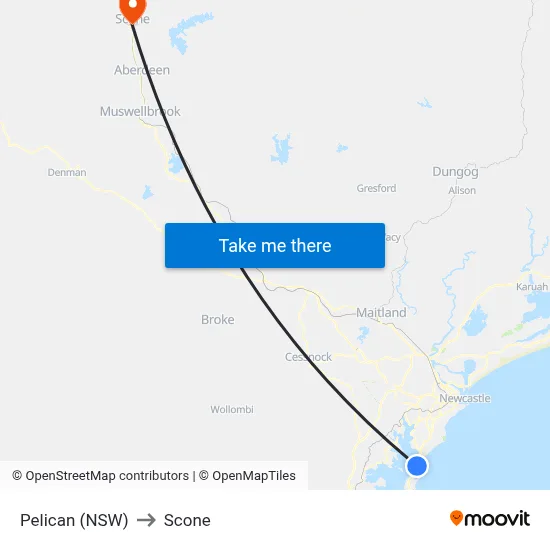 Pelican (NSW) to Scone map