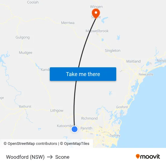 Woodford (NSW) to Scone map