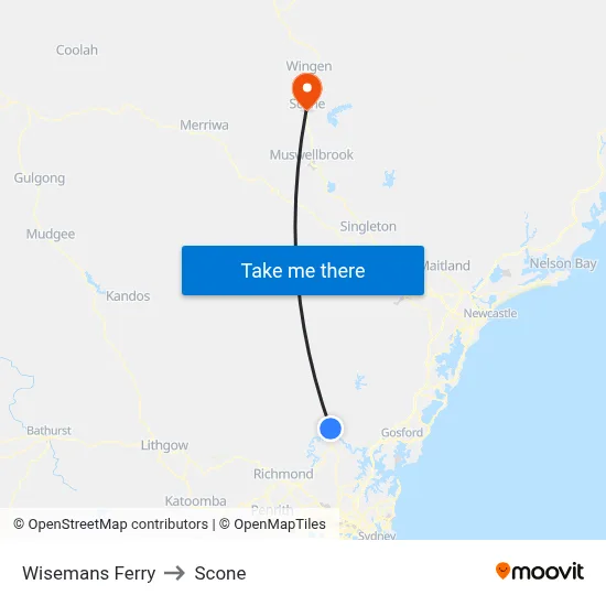 Wisemans Ferry to Scone map