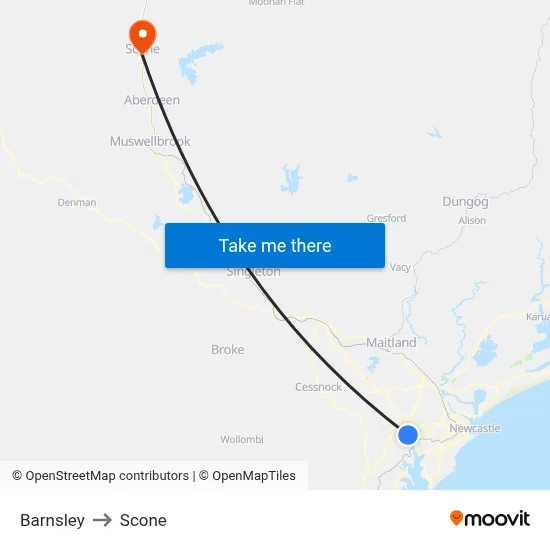 Barnsley to Scone map