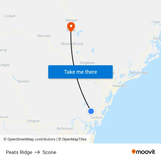 Peats Ridge to Scone map