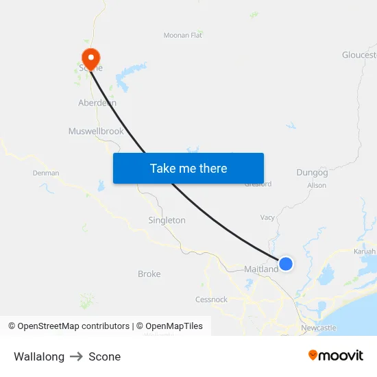 Wallalong to Scone map