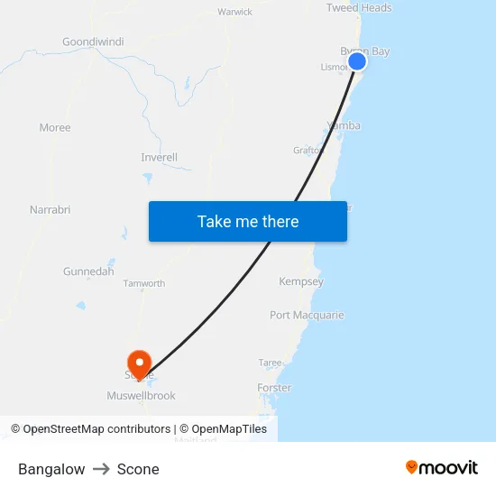 Bangalow to Scone map