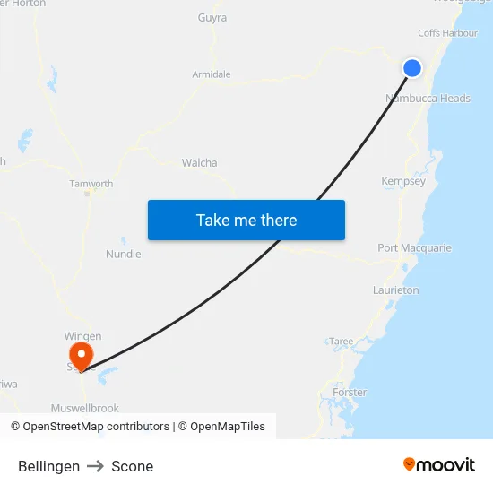 Bellingen to Scone map