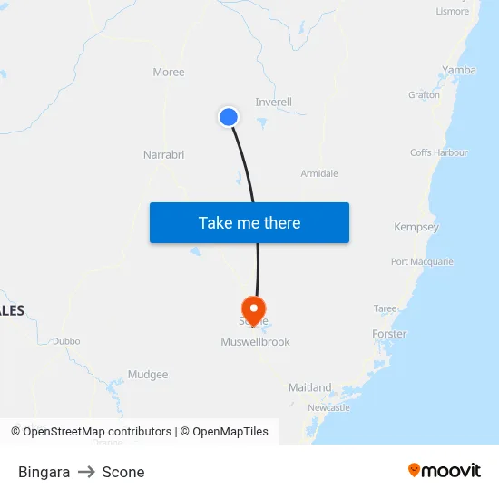 Bingara to Scone map