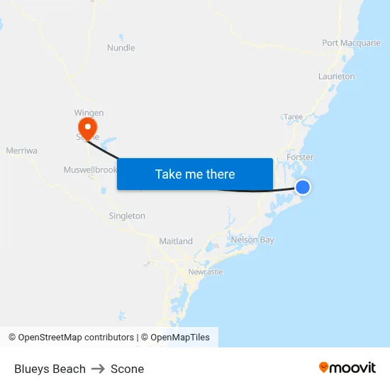 Blueys Beach to Scone map