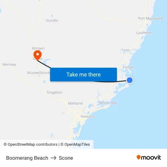 Boomerang Beach to Scone map