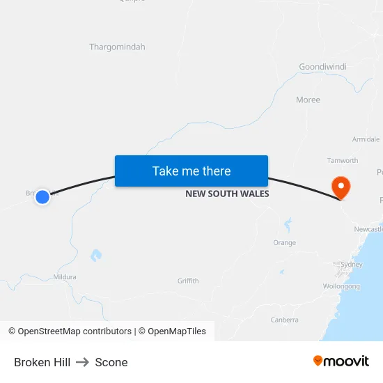 Broken Hill to Scone map