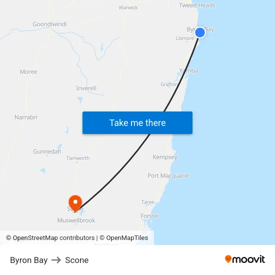 Byron Bay to Scone map