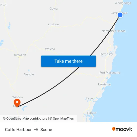 Coffs Harbour to Scone map
