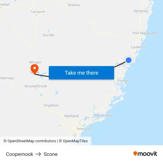 Coopernook to Scone map