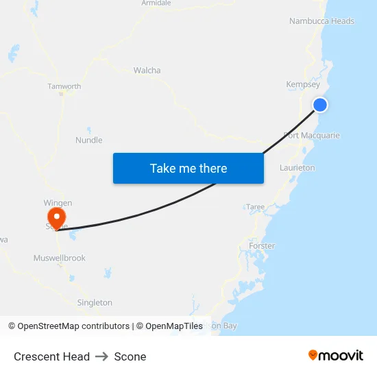 Crescent Head to Scone map