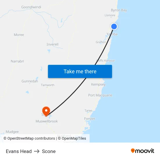 Evans Head to Scone map