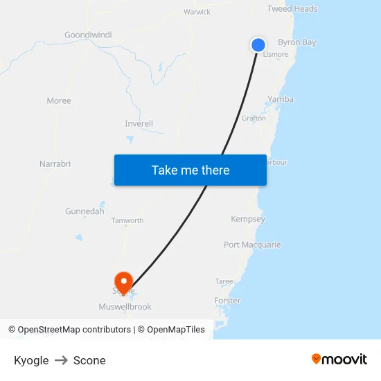 Kyogle to Scone map