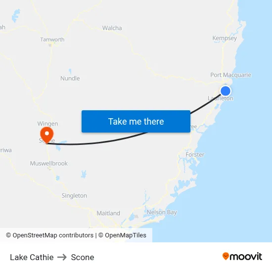 Lake Cathie to Scone map