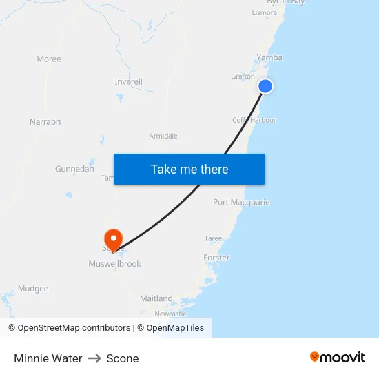 Minnie Water to Scone map