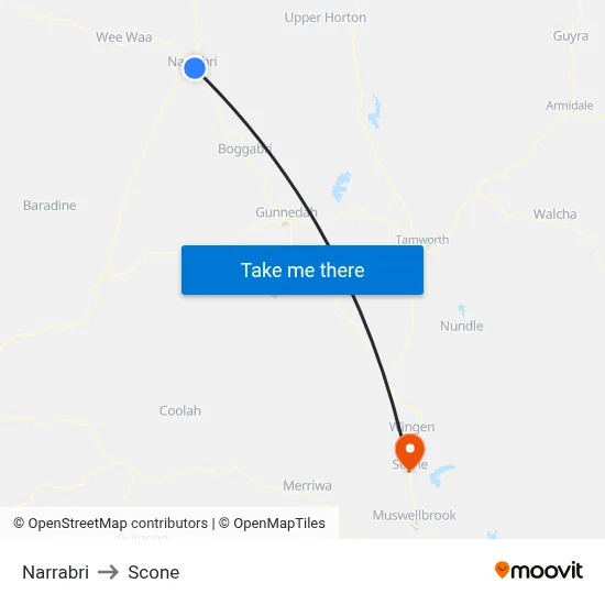 Narrabri to Scone map