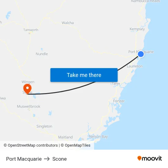 Port Macquarie to Scone map