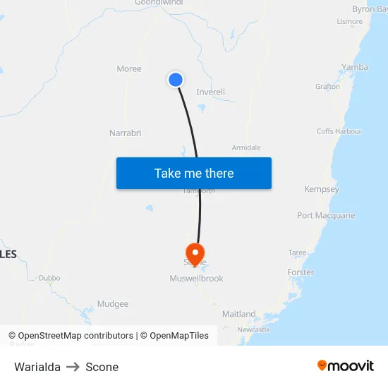 Warialda to Scone map