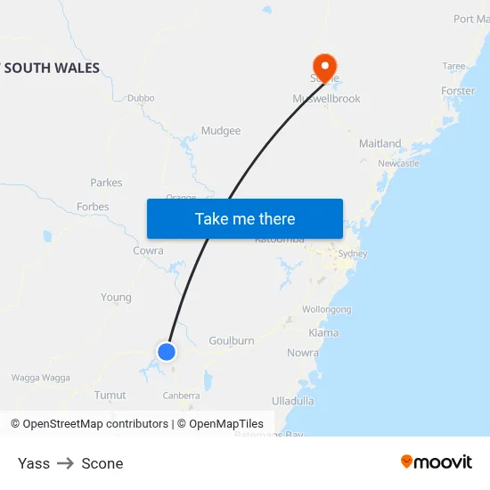Yass to Scone map