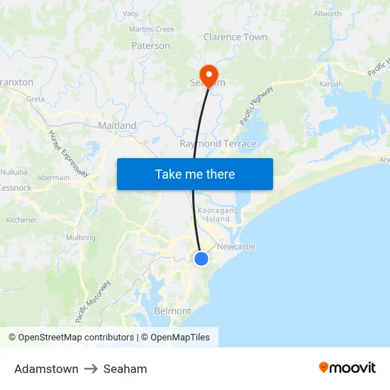 Adamstown to Seaham map