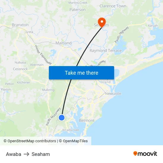 Awaba to Seaham map