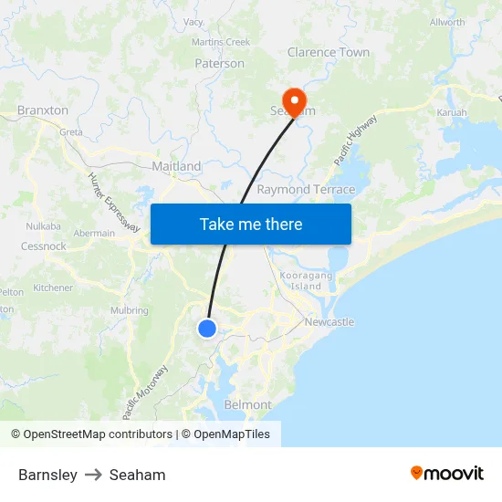 Barnsley to Seaham map