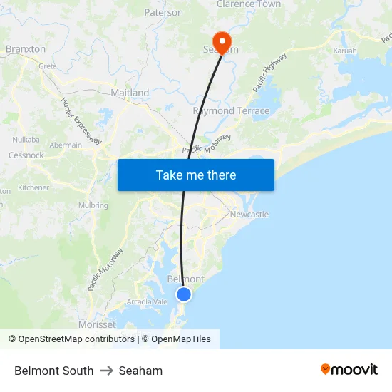 Belmont South to Seaham map