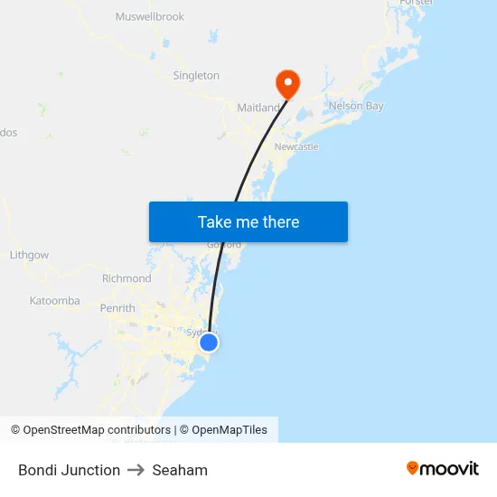 Bondi Junction to Seaham map