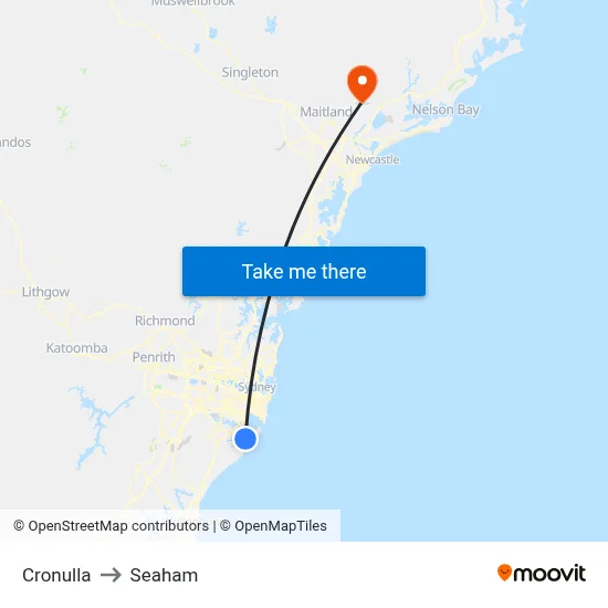 Cronulla to Seaham map