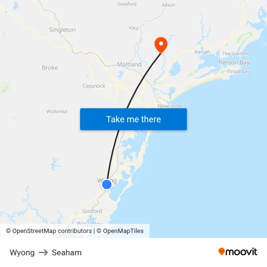 Wyong to Seaham map