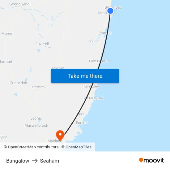 Bangalow to Seaham map