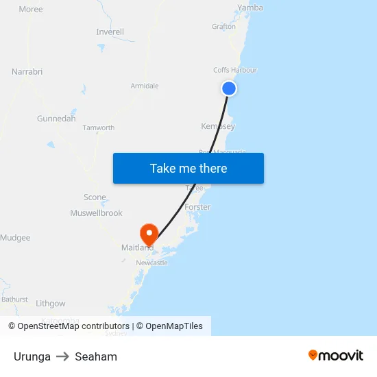 Urunga to Seaham map