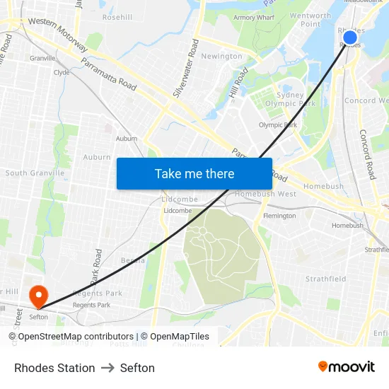 Rhodes Station to Sefton map