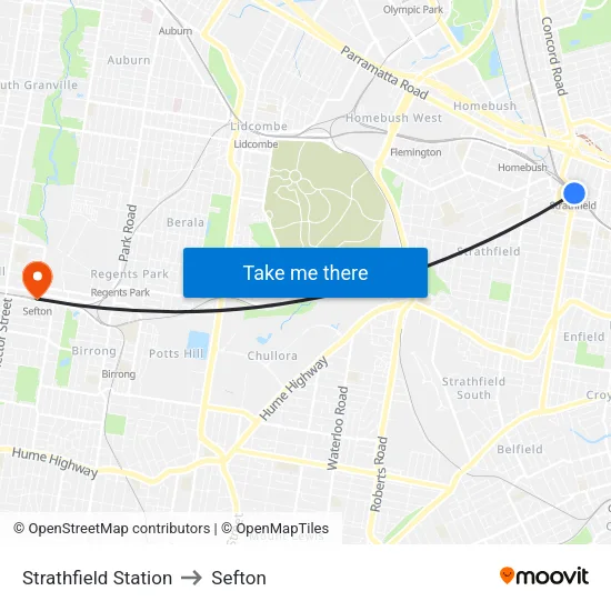 Strathfield Station to Sefton map