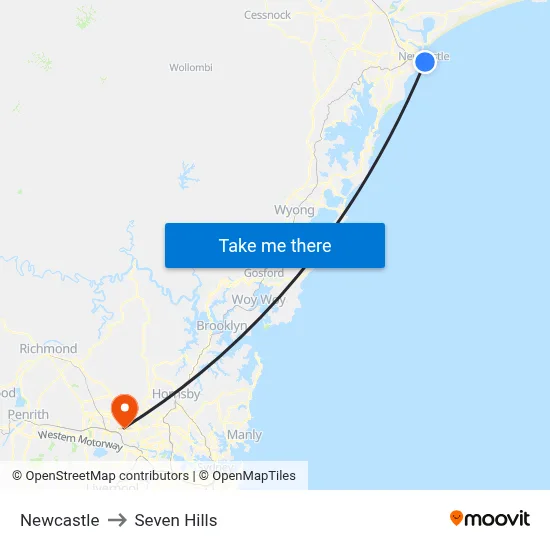 Newcastle to Seven Hills map