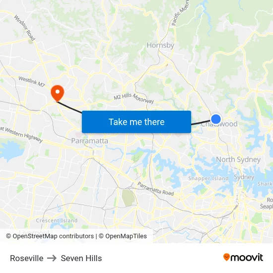 Roseville to Seven Hills map