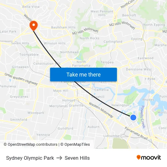Sydney Olympic Park to Seven Hills map