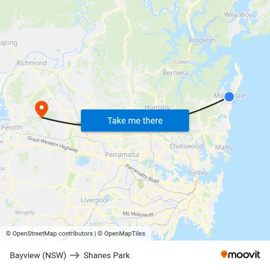Bayview (NSW) to Shanes Park map