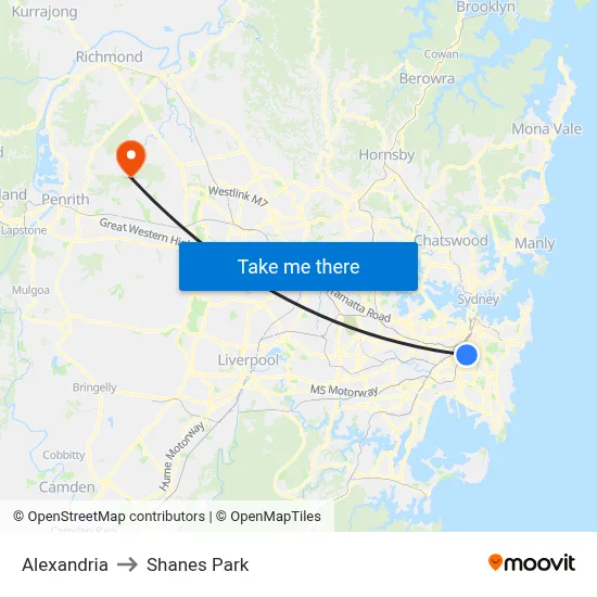 Alexandria to Shanes Park map